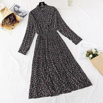 Christmas Gift Deanwangkt Spring and Autumn New Style Floral-Print Chiffon Dress Women's French Vintage Base Dress Fairy Immortal Dress