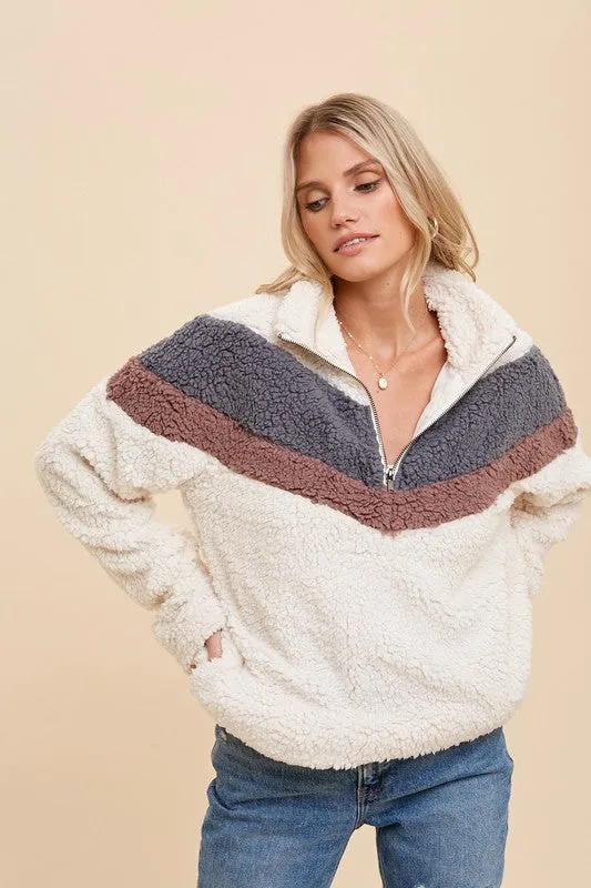 Cream/Grey Blue Zip Up High Neck Chevron Sherpa Jacket Pullover