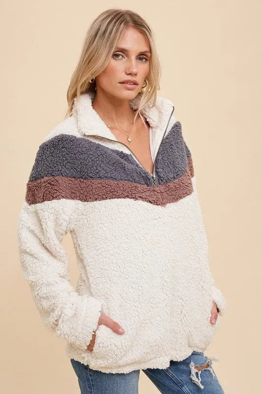 Cream/Grey Blue Zip Up High Neck Chevron Sherpa Jacket Pullover