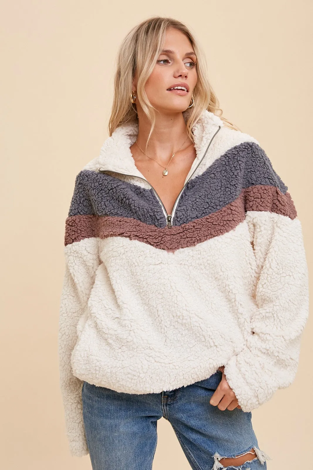 Cream/Grey Blue Zip Up High Neck Chevron Sherpa Jacket Pullover