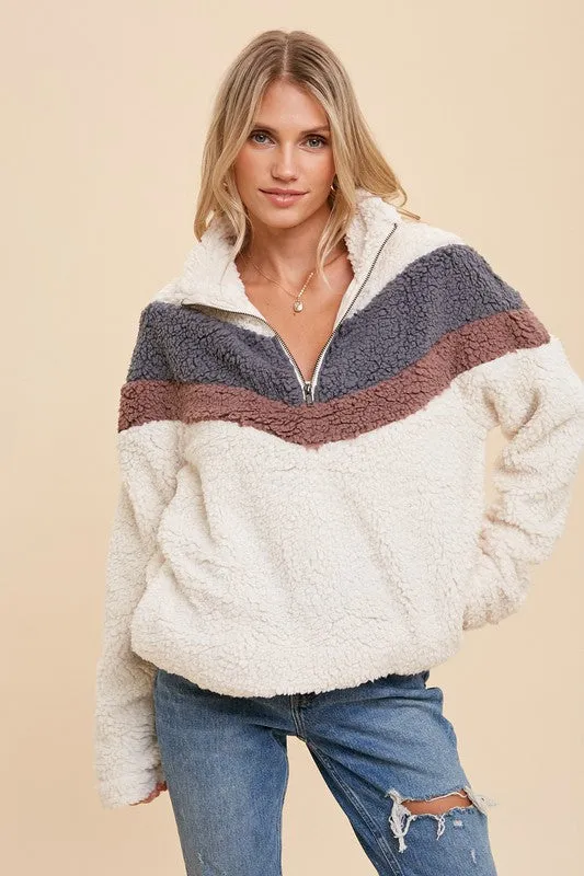 Cream/Grey Blue Zip Up High Neck Chevron Sherpa Jacket Pullover