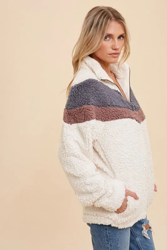 Cream/Grey Blue Zip Up High Neck Chevron Sherpa Jacket Pullover