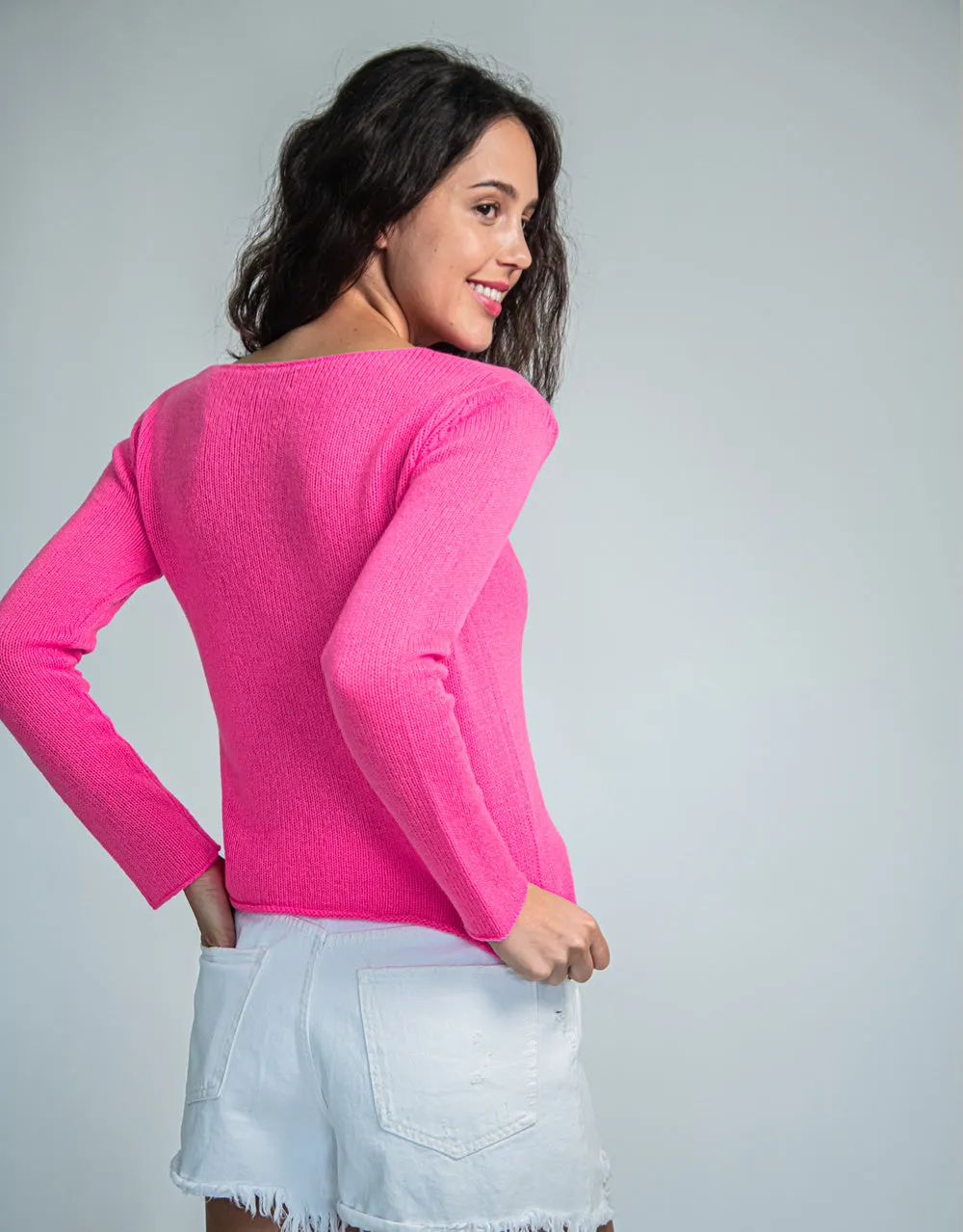 Crew Neck Sweater in Fluro Pink