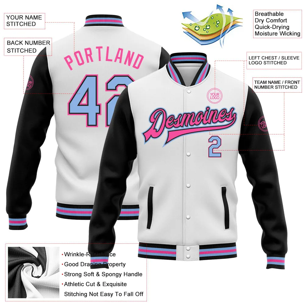 Custom White Light Blue-Pink Bomber Full-Snap Varsity Letterman Two Tone Jacket