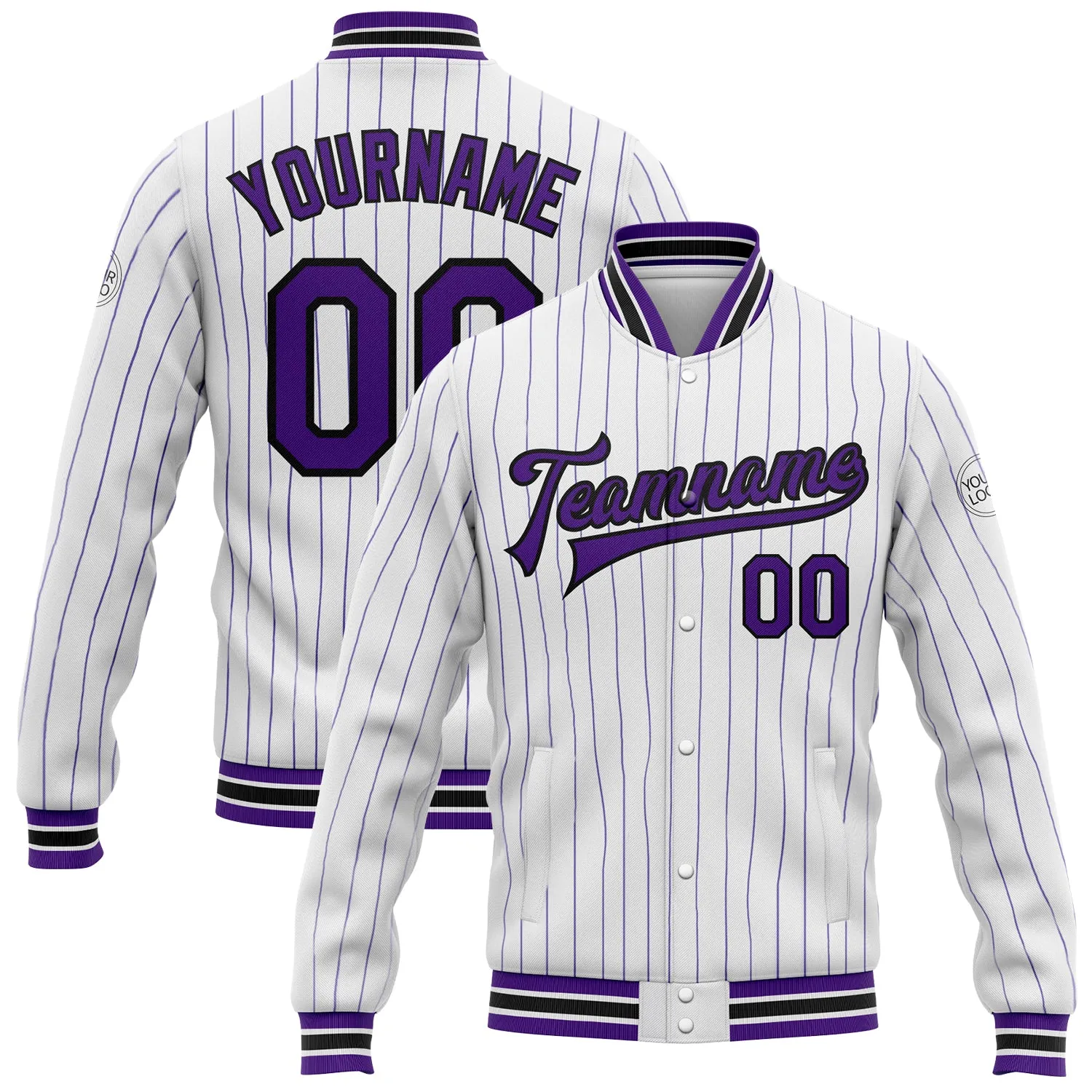 Custom White Purple Pinstripe Black Bomber Full-Snap Varsity Letterman Jacket