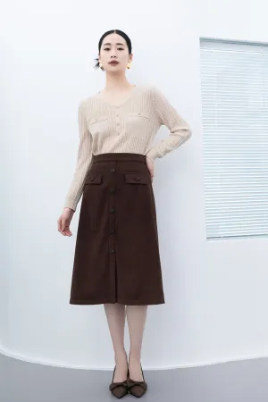 Dark Brown Midi Skirts With Buttons