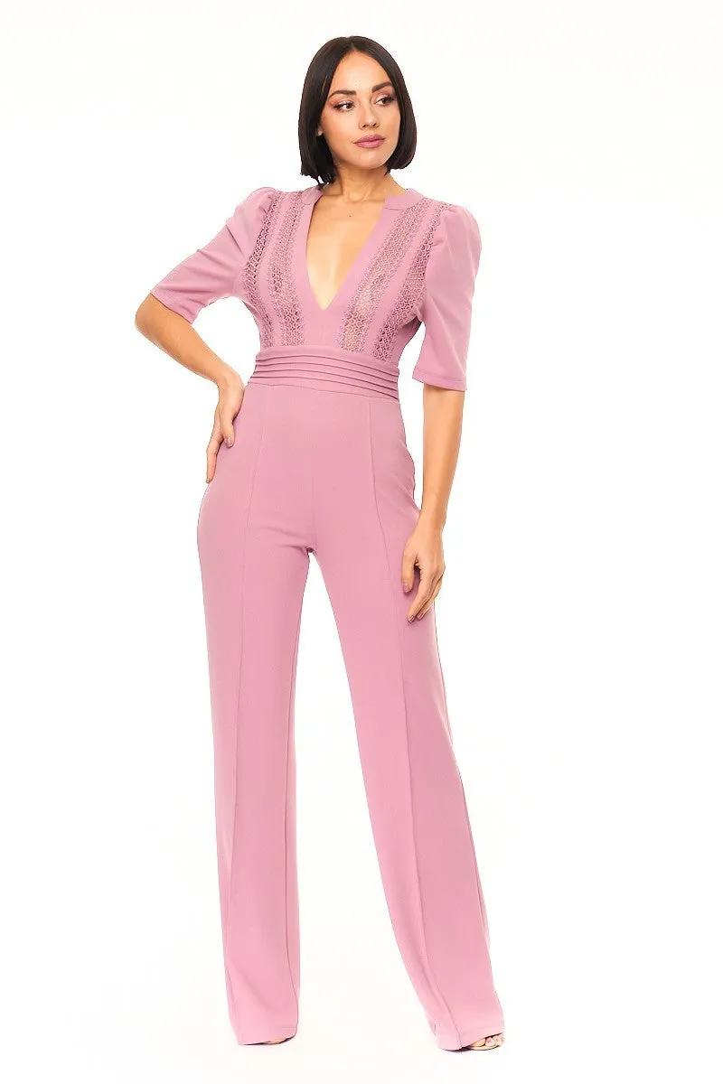 Deep V-neck Crochet Bodice Jumpsuit