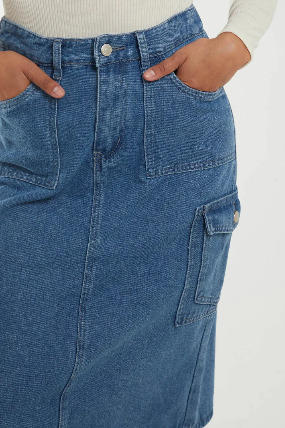 Denim Cargo Pocket Midi Skirt