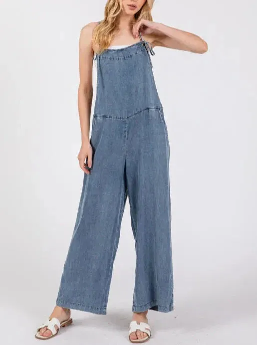 Denim Choices Wide Leg Spaghetti Strap Overalls