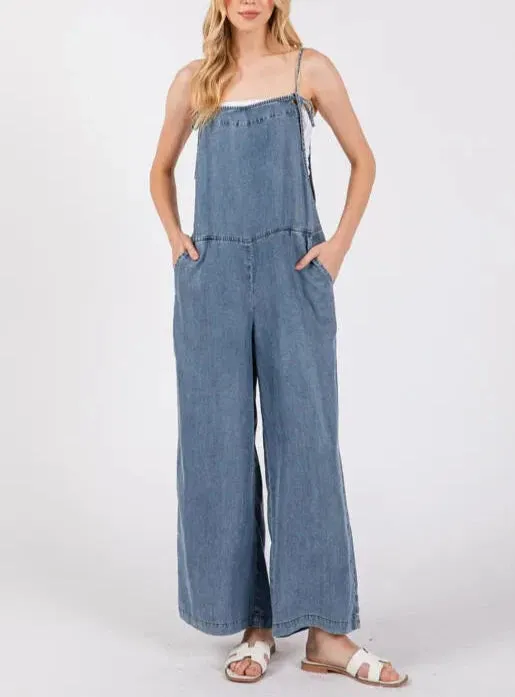 Denim Choices Wide Leg Spaghetti Strap Overalls