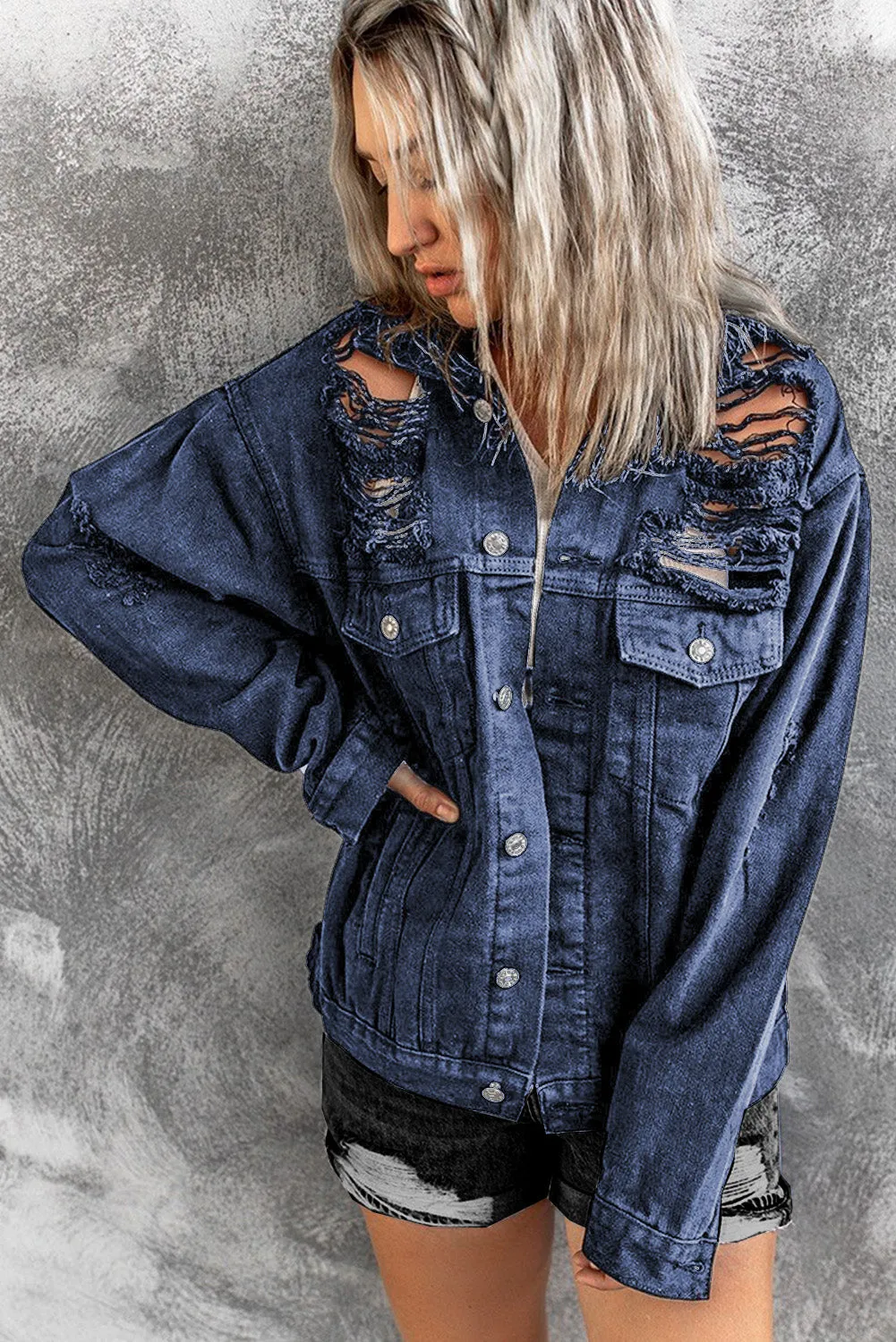 Distressed Buttons Chest Pockets Denim Jacket