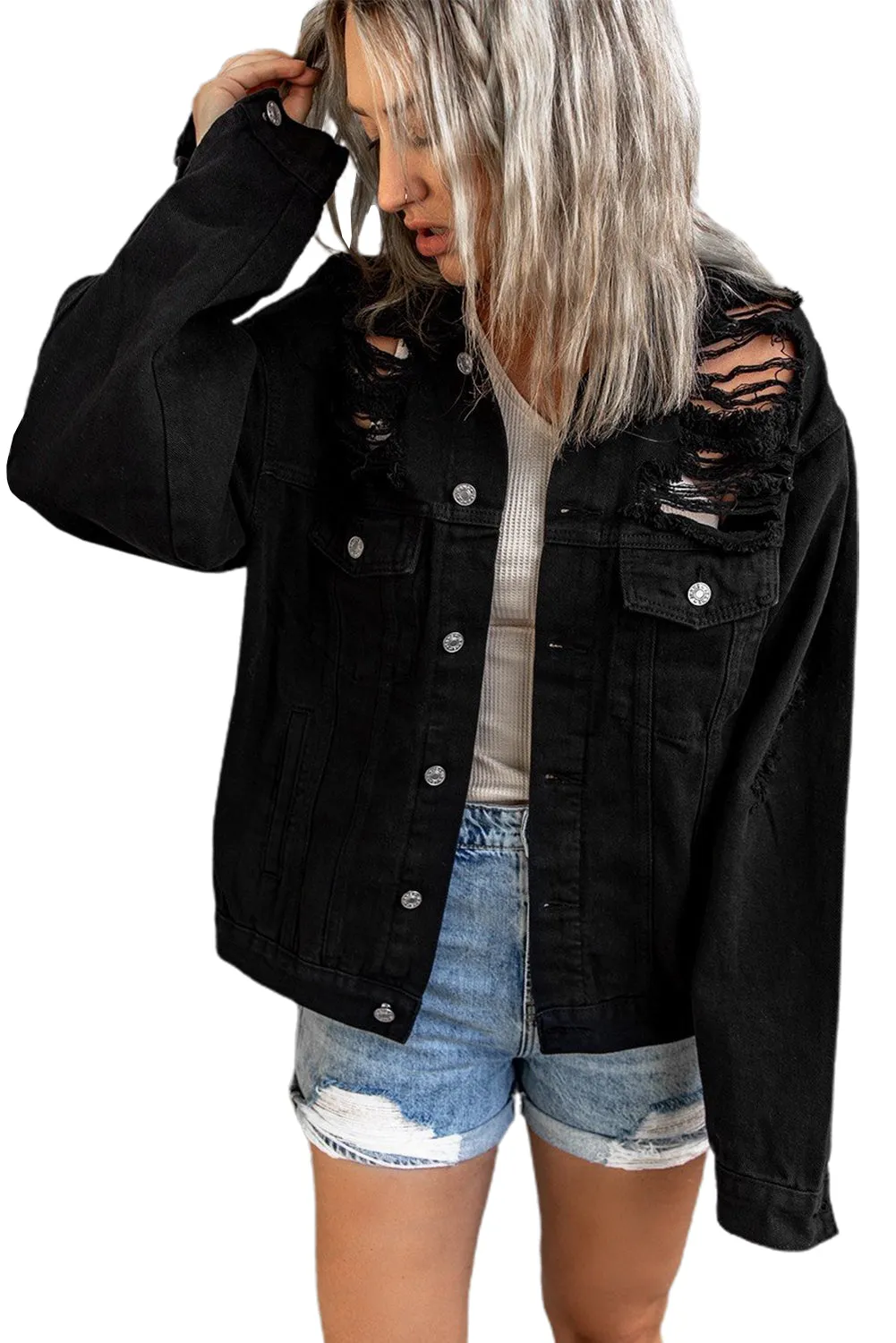 Distressed Buttons Chest Pockets Denim Jacket