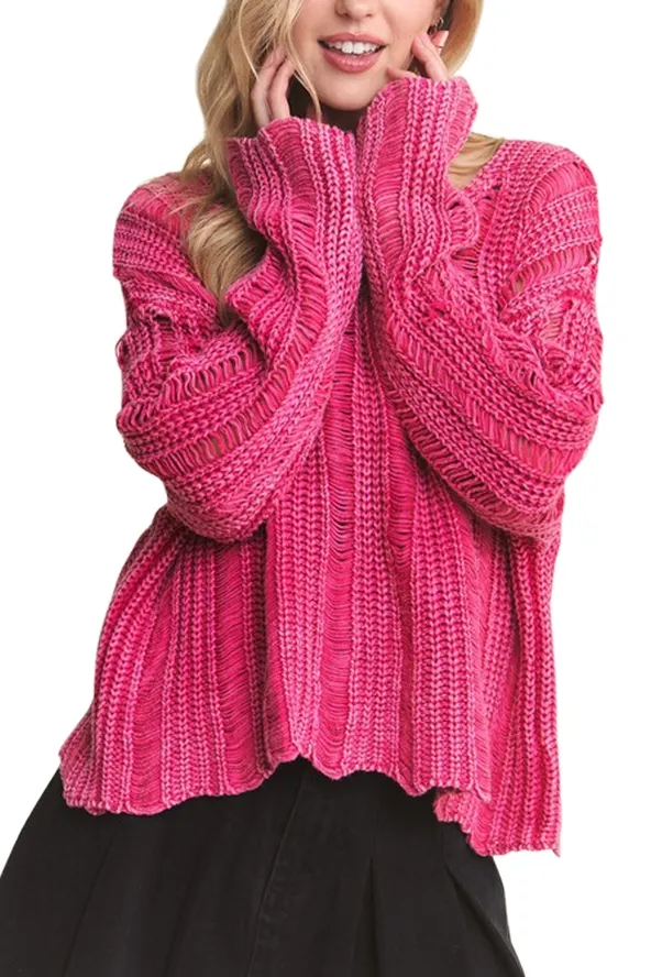 Distressed Mineral Washed Sweater HOT PINK