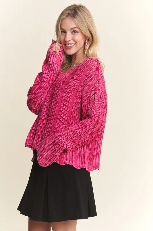 Distressed Mineral Washed Sweater HOT PINK