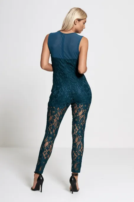 Diva Dames Womens Lace Teal Jumpsuit