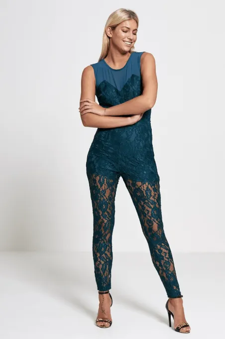 Diva Dames Womens Lace Teal Jumpsuit