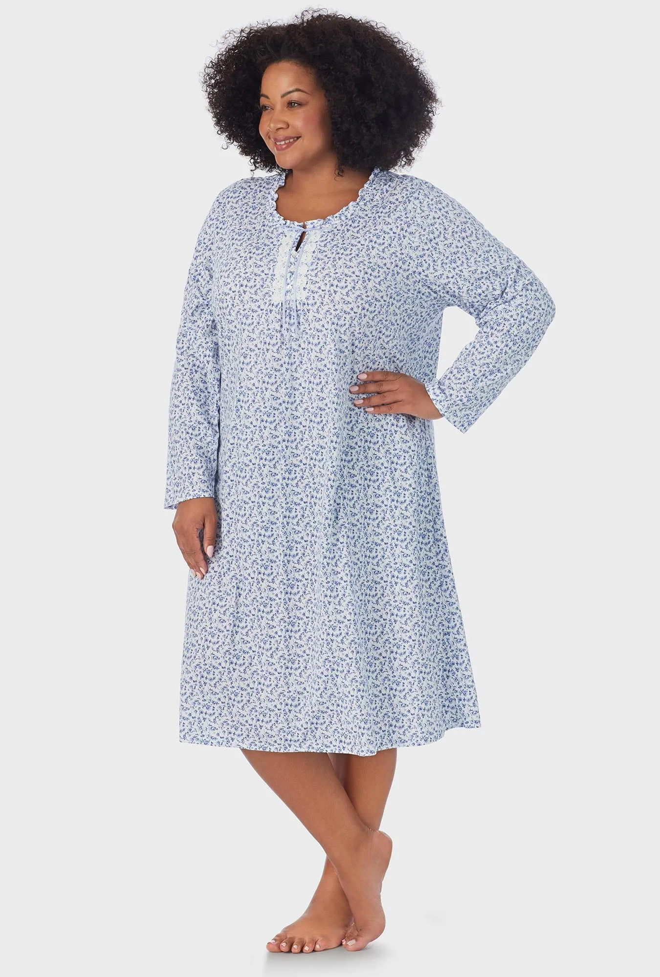 Dusty Blue Tossed Roses Long Sleeve Midi Nightgown