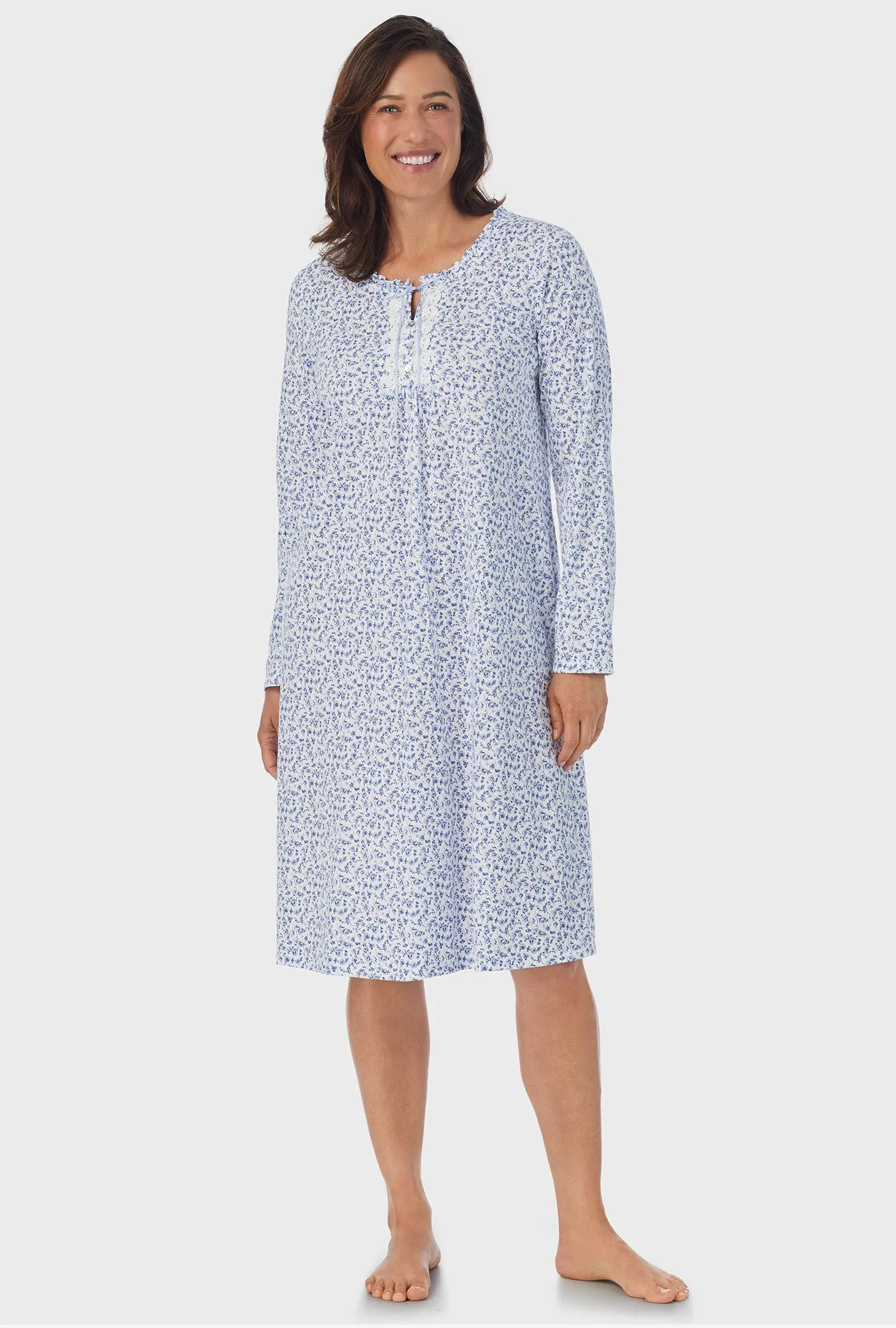 Dusty Blue Tossed Roses Long Sleeve Midi Nightgown