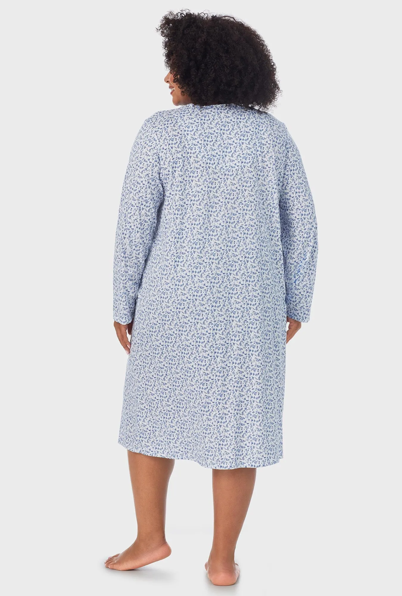 Dusty Blue Tossed Roses Long Sleeve Midi Nightgown