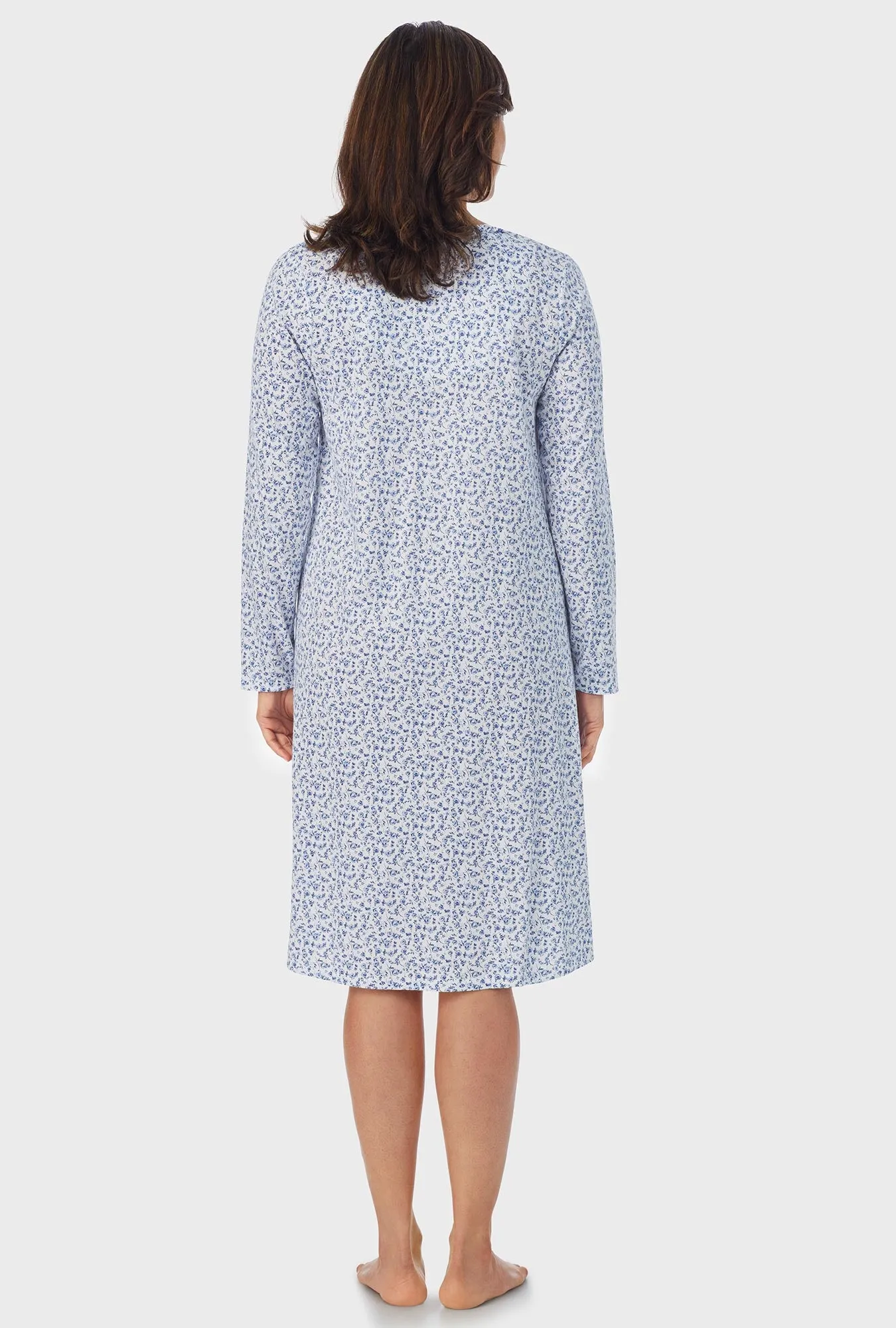 Dusty Blue Tossed Roses Long Sleeve Midi Nightgown