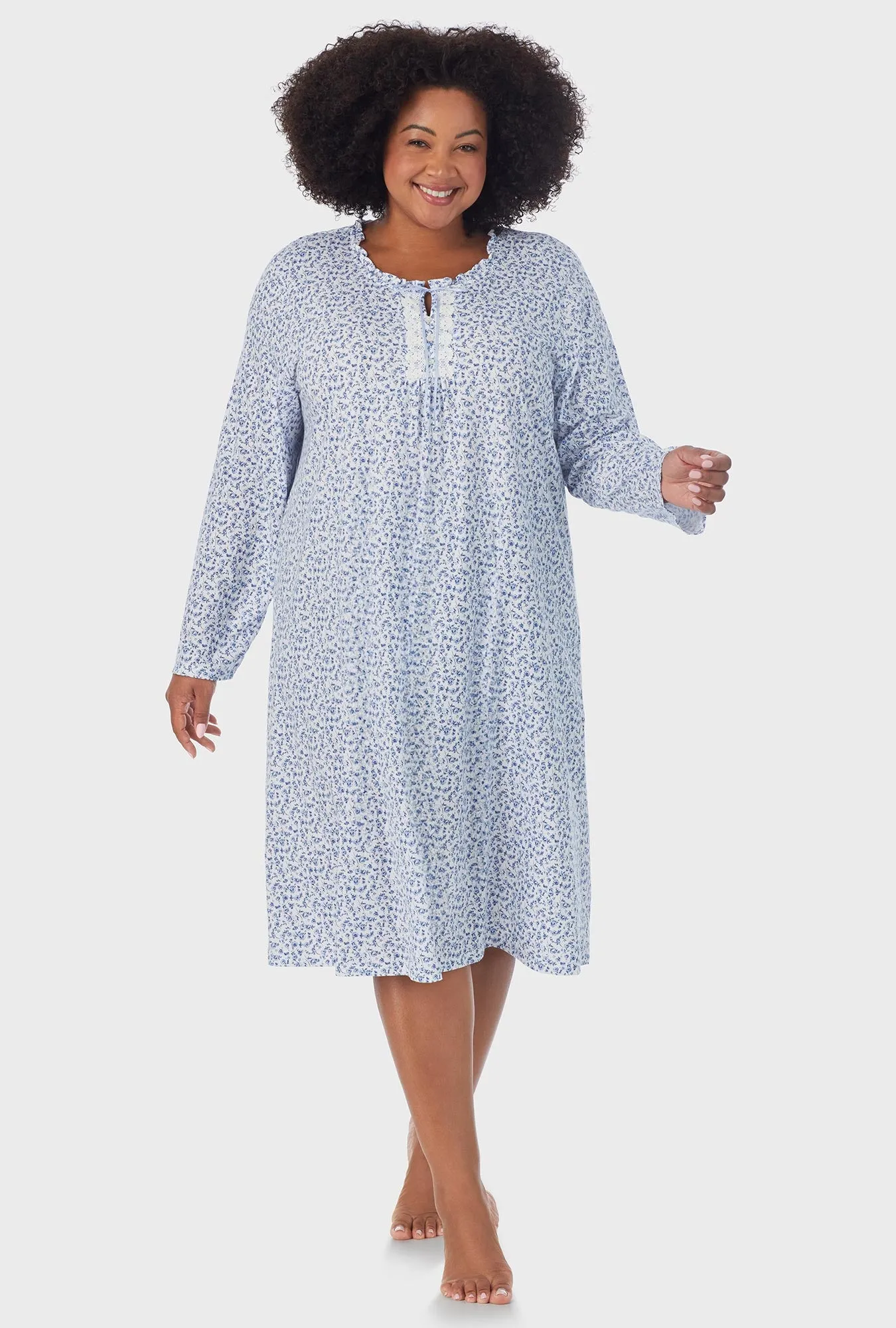 Dusty Blue Tossed Roses Long Sleeve Midi Nightgown