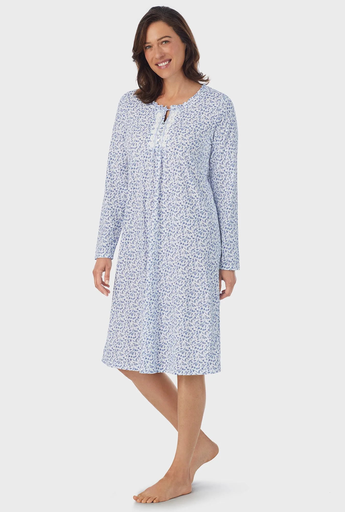 Dusty Blue Tossed Roses Long Sleeve Midi Nightgown