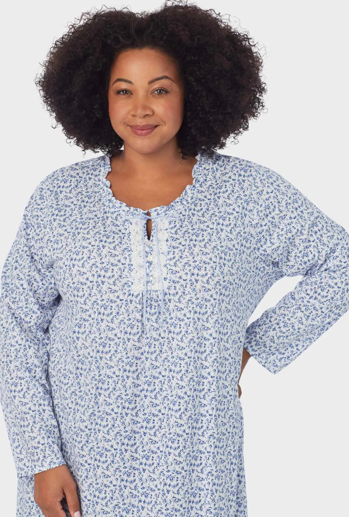 Dusty Blue Tossed Roses Long Sleeve Midi Nightgown