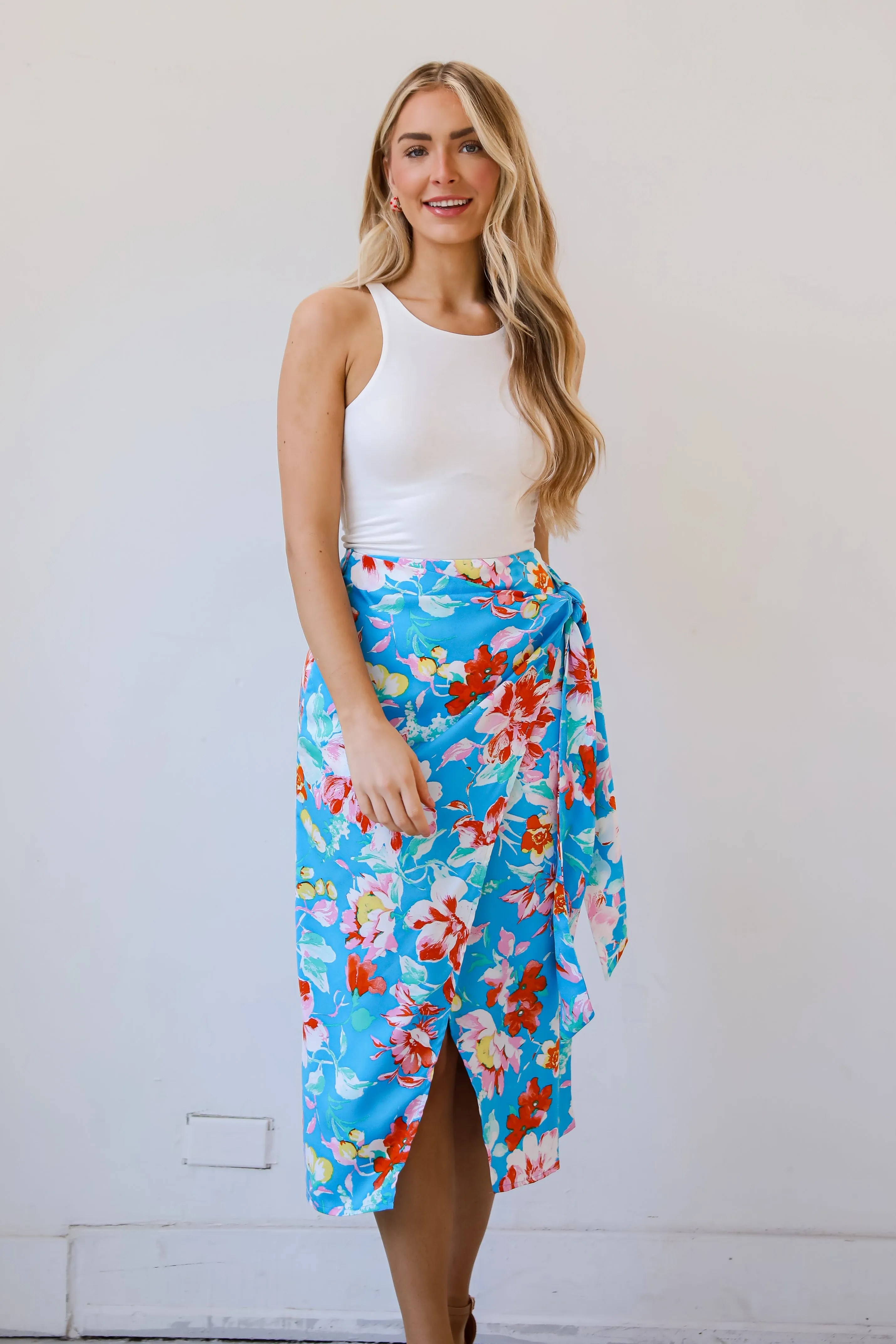 FINAL SALE - Tropical Sun Blue Floral Wrap Midi Skirt - DU DEAL