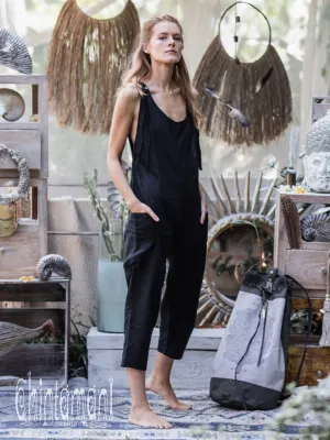 Fitted Linen Jumpsuit 3/4 / Women Midi Overalls with Pockets and Back Zip / Black