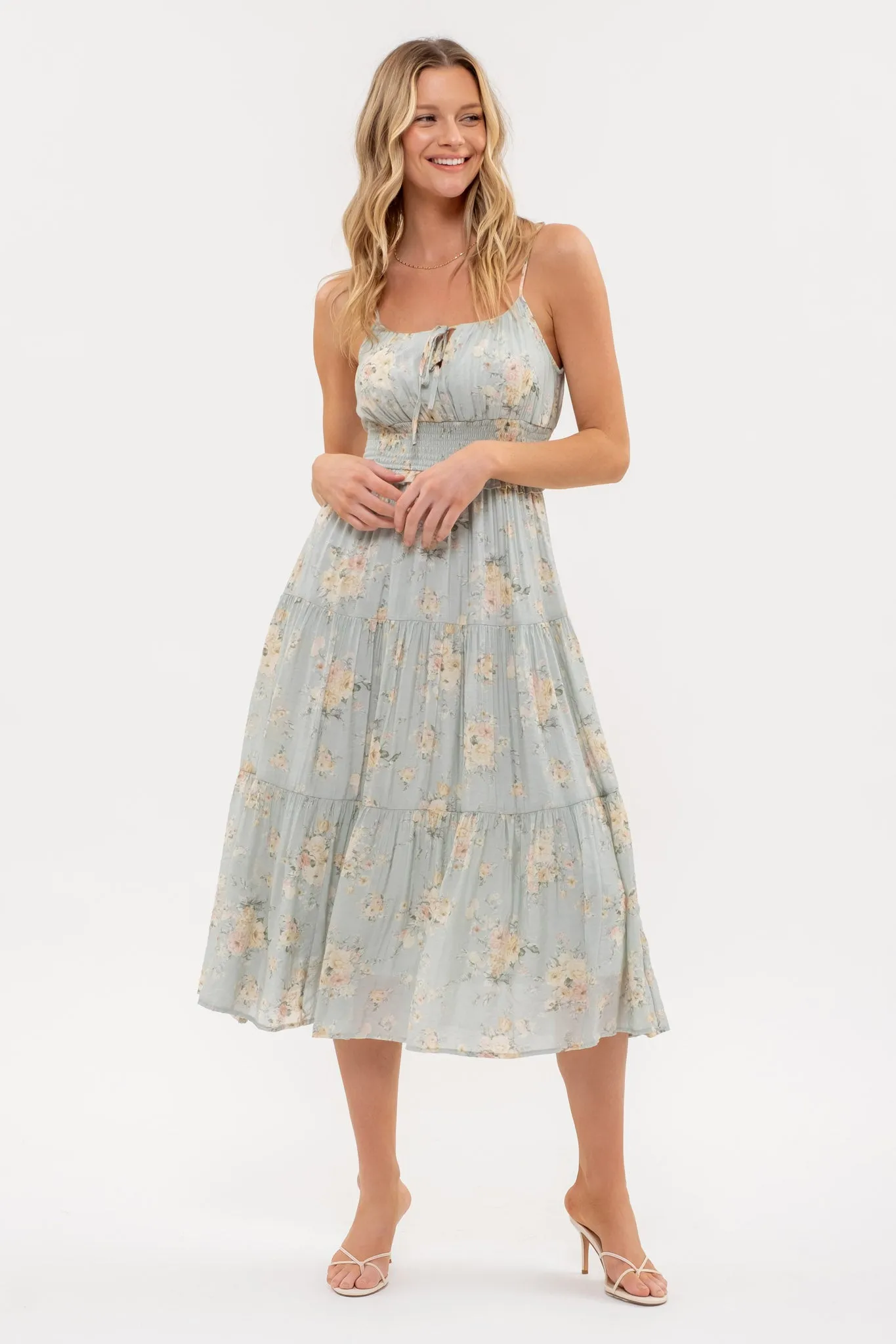 FLORAL FRONT TIE TIERED MIDI DRESS