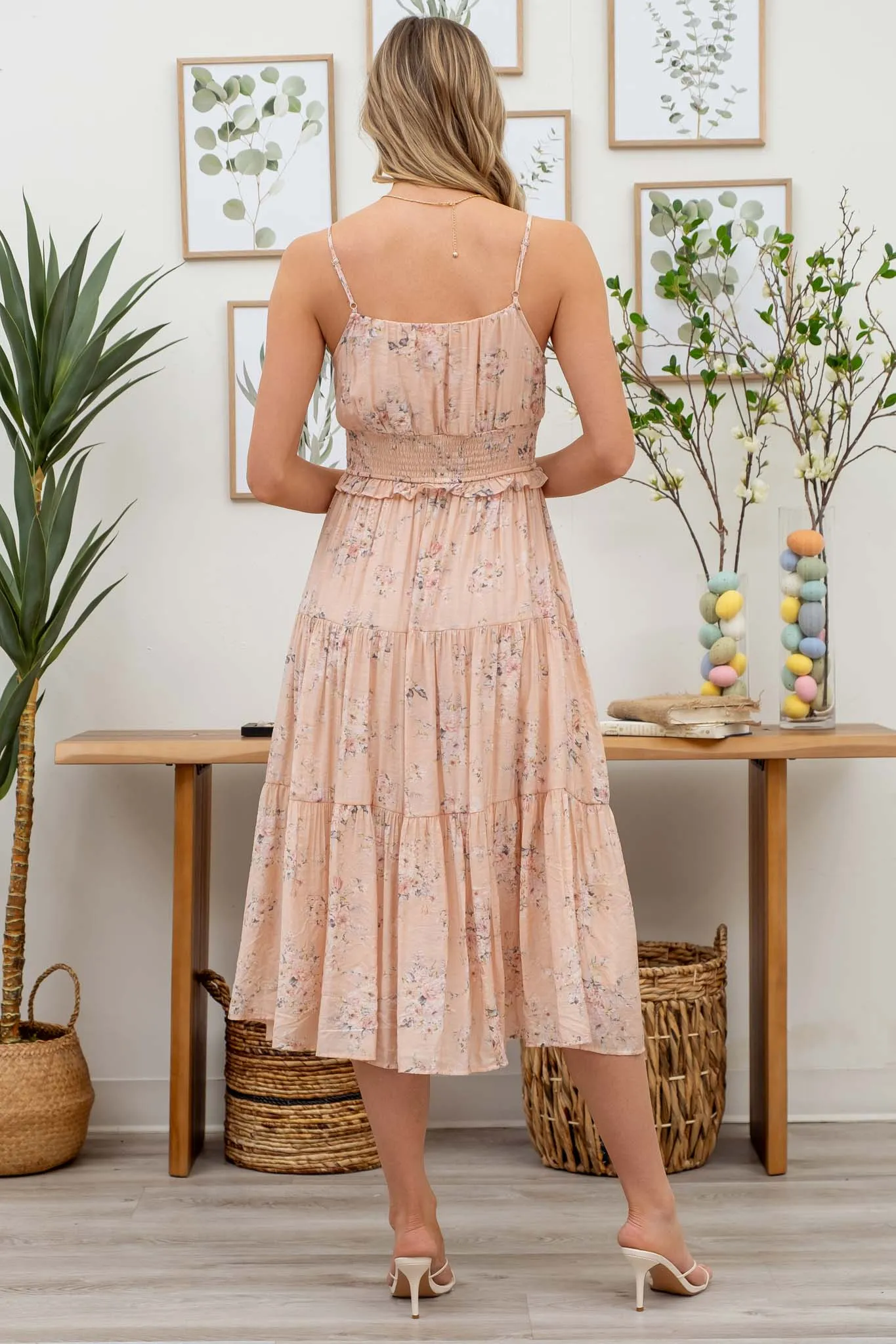 FLORAL FRONT TIE TIERED MIDI DRESS