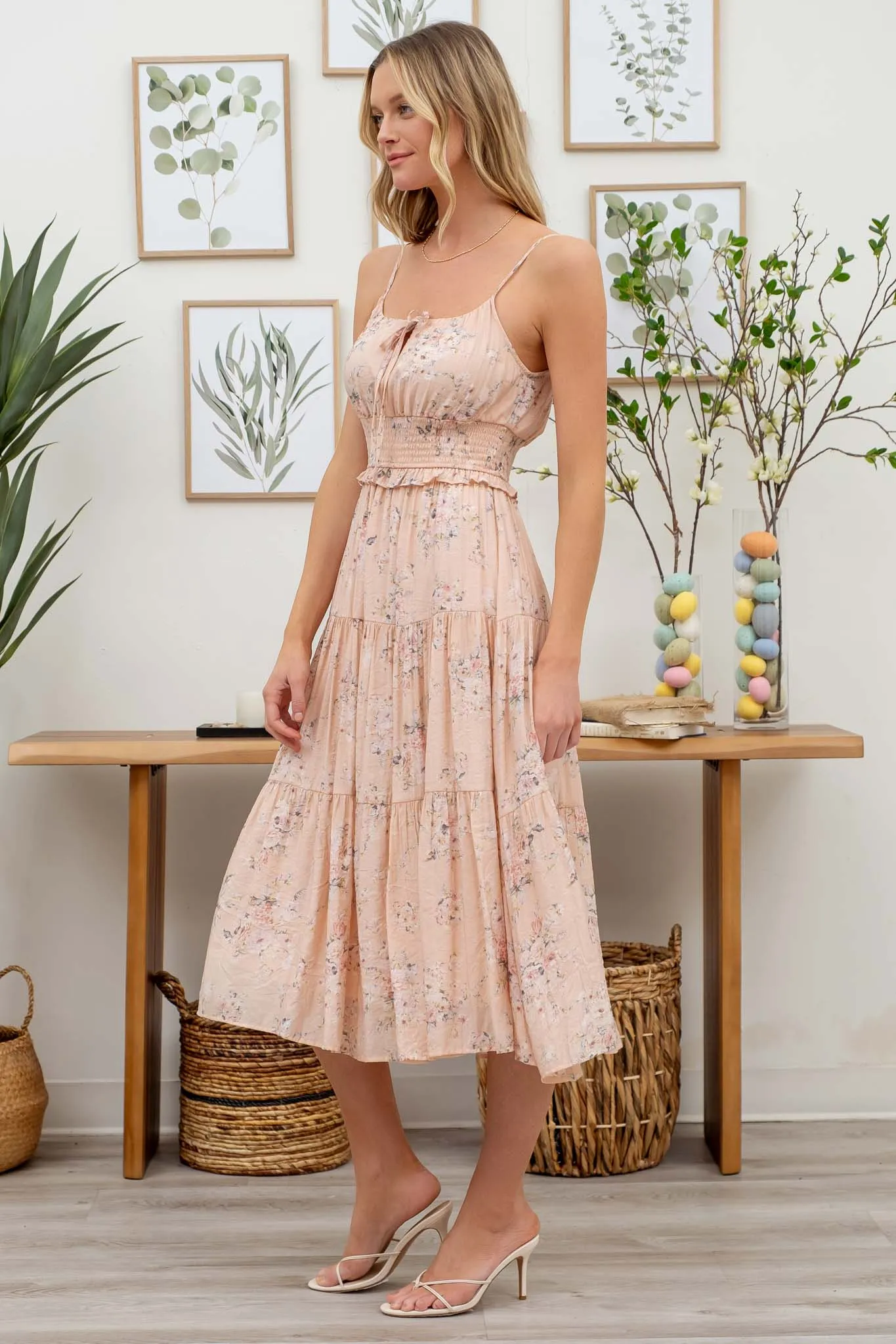 FLORAL FRONT TIE TIERED MIDI DRESS