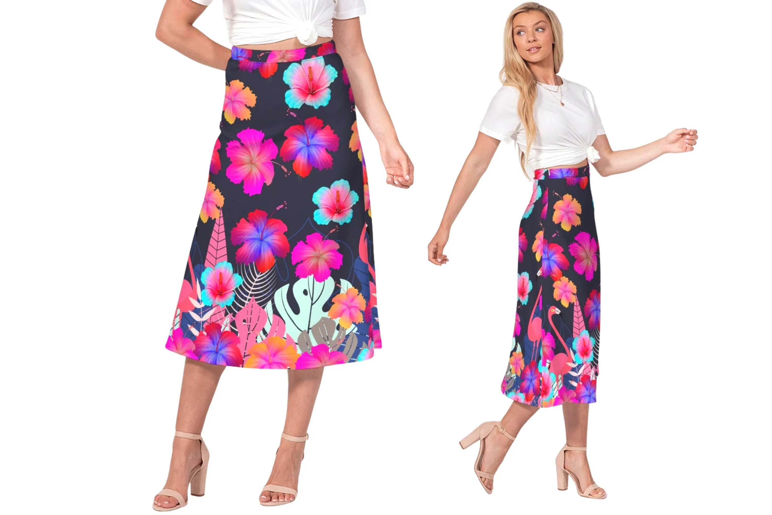 Floral Hibiscus Flamingos Women’s A Line Midi Skirt