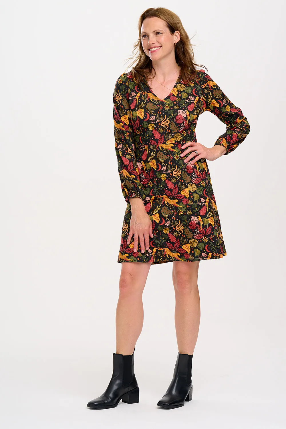 Floriane Mini Jersey Dress - Black, Earth Toned Jungle