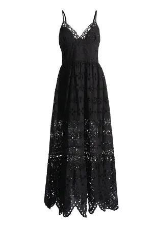 Flowy V Neck Broderie Anglaise Scalloped Ruffle Lace Slip Maxi Sundress