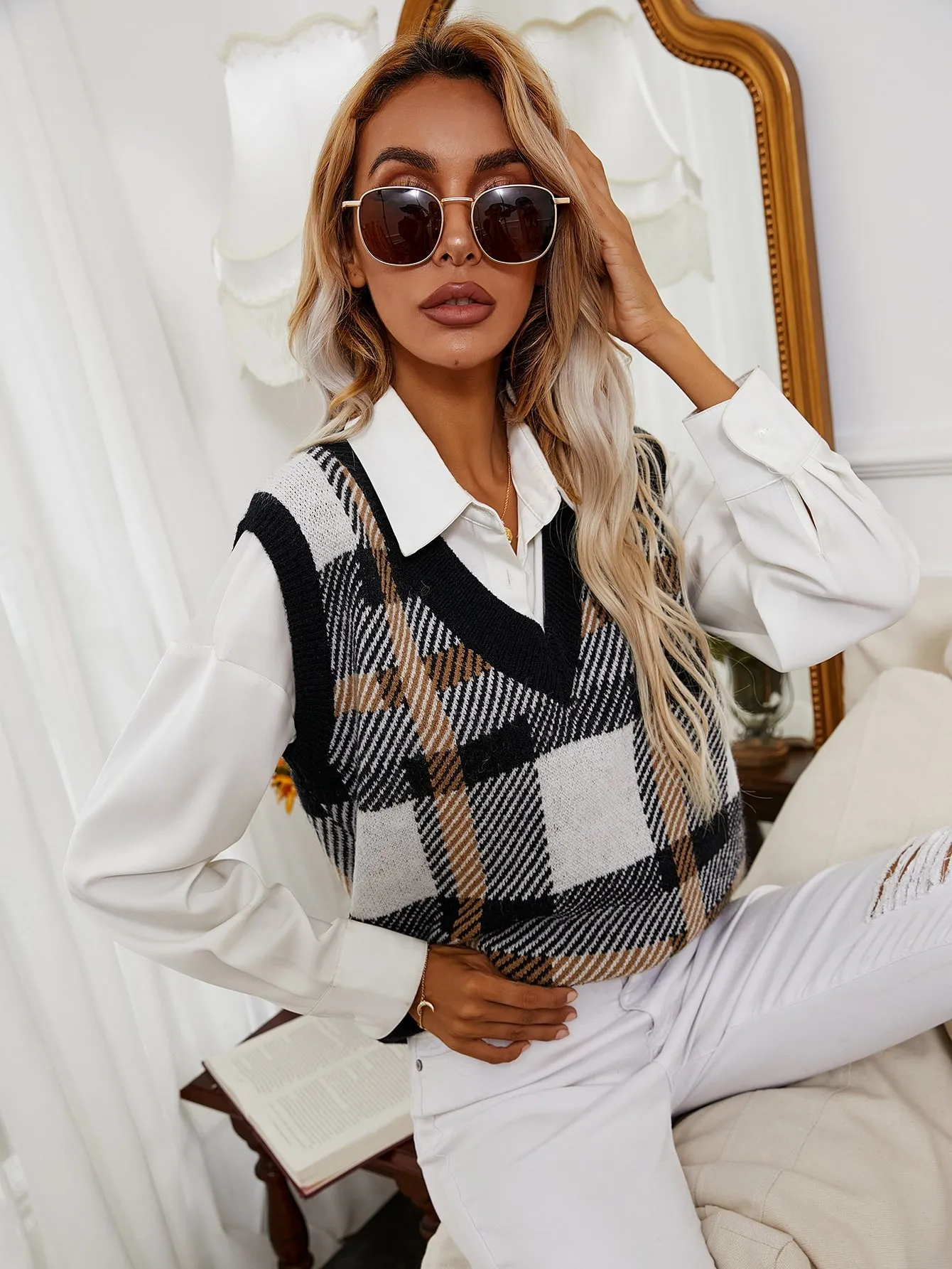 Frenchy Plaid Pattern Sweater Vest