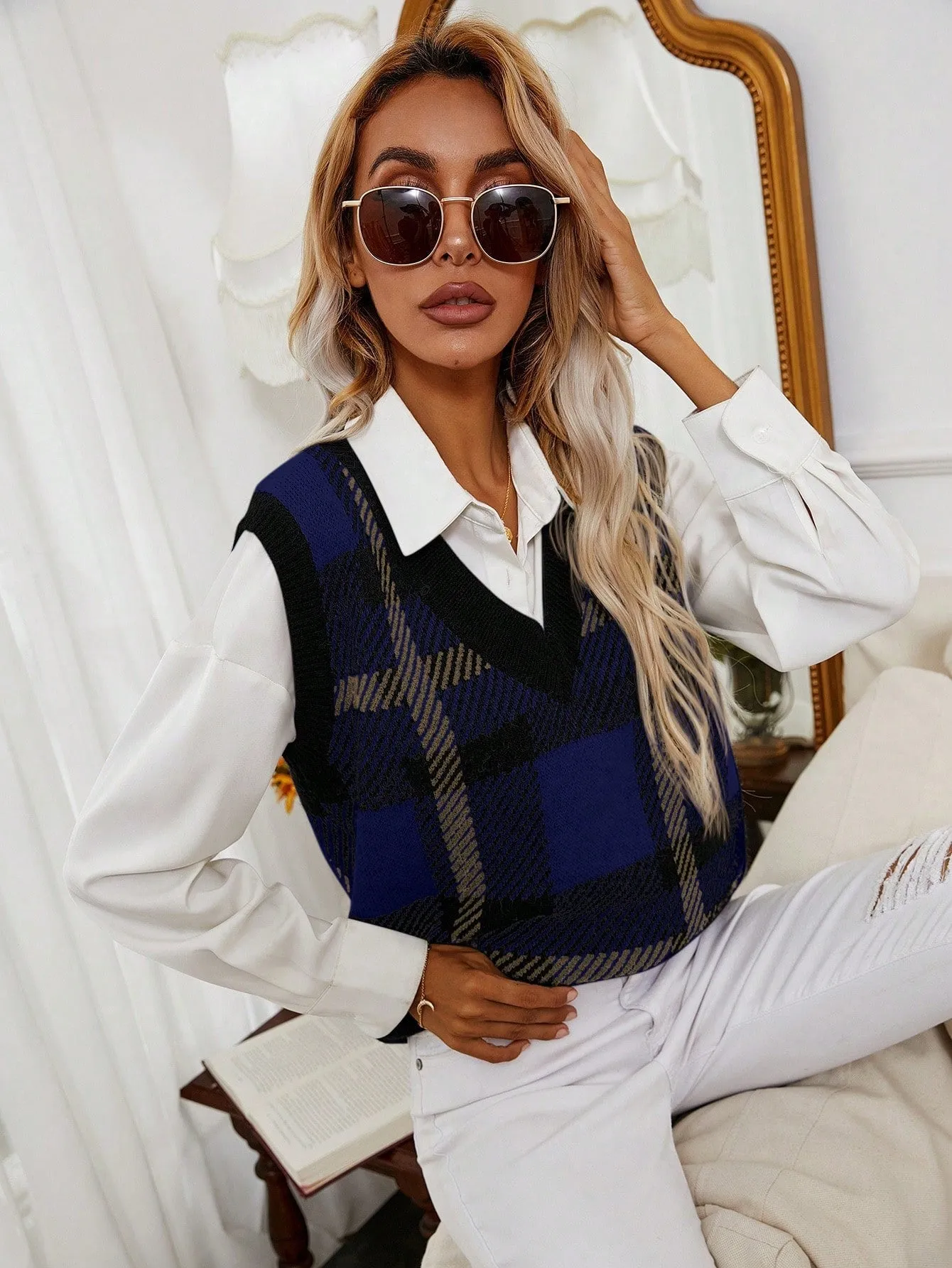 Frenchy Plaid Pattern Sweater Vest