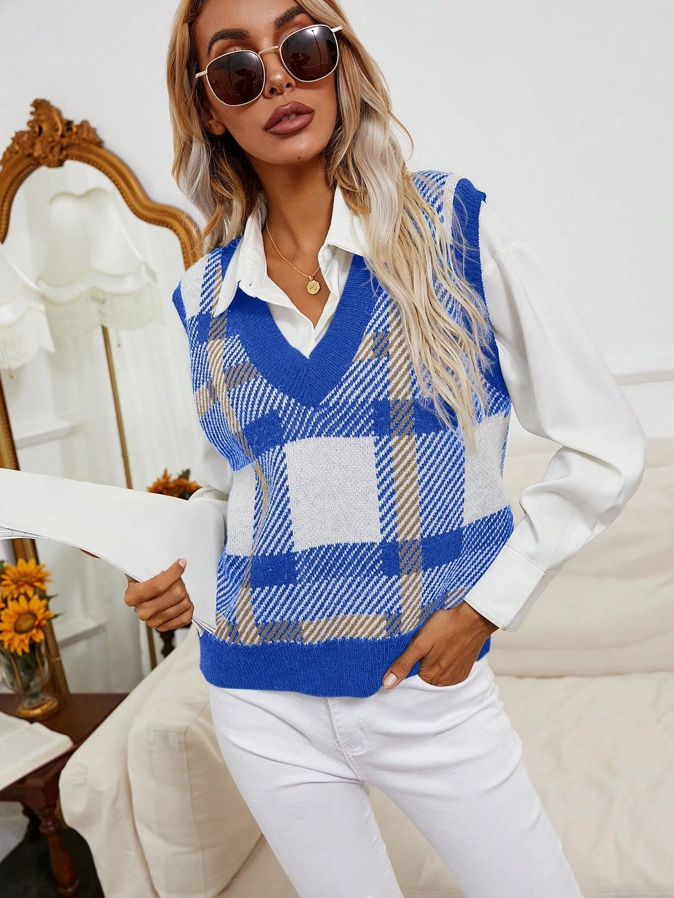 Frenchy Plaid Pattern Sweater Vest