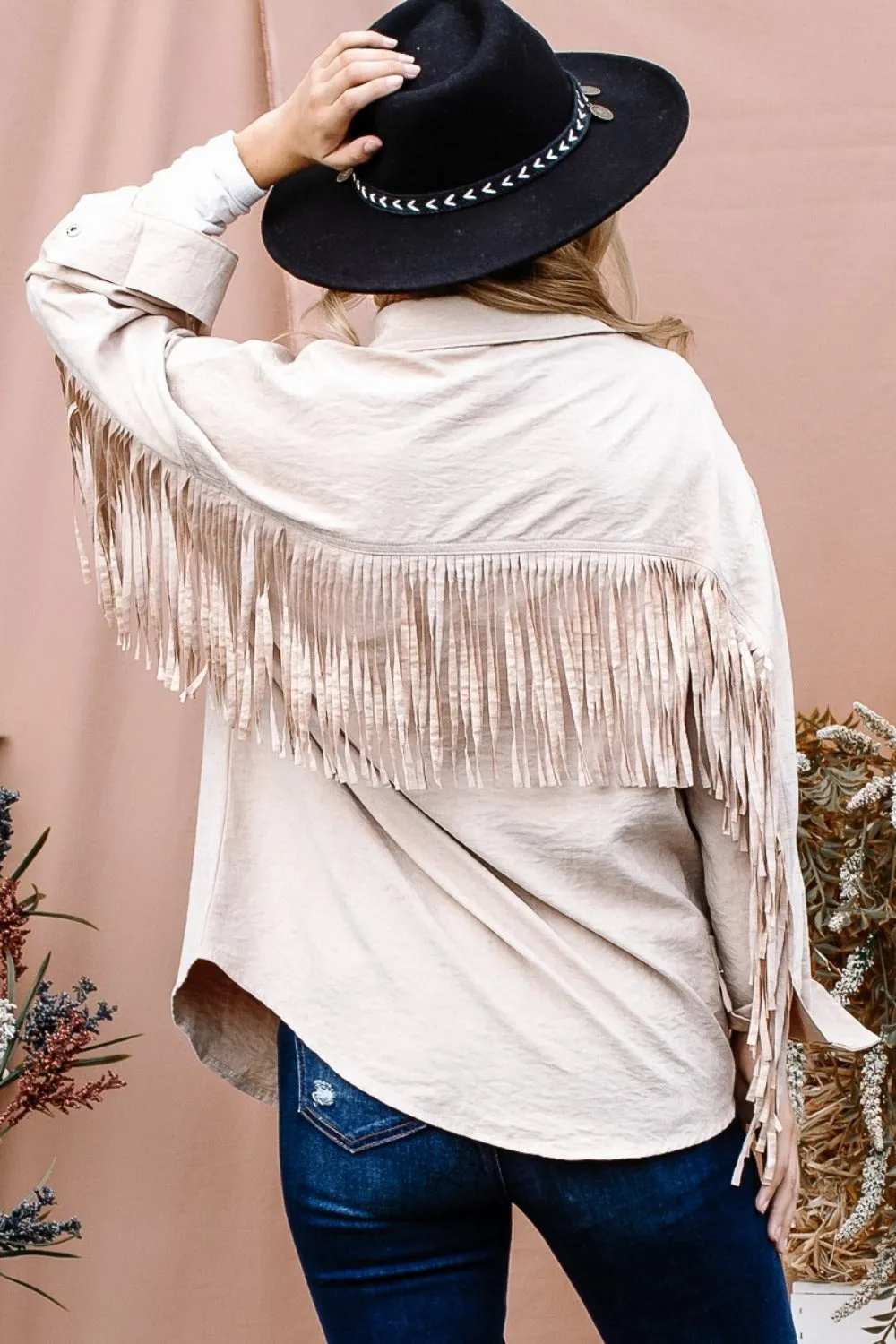 Full Size Fringe Back Detailed Button Down Shacket