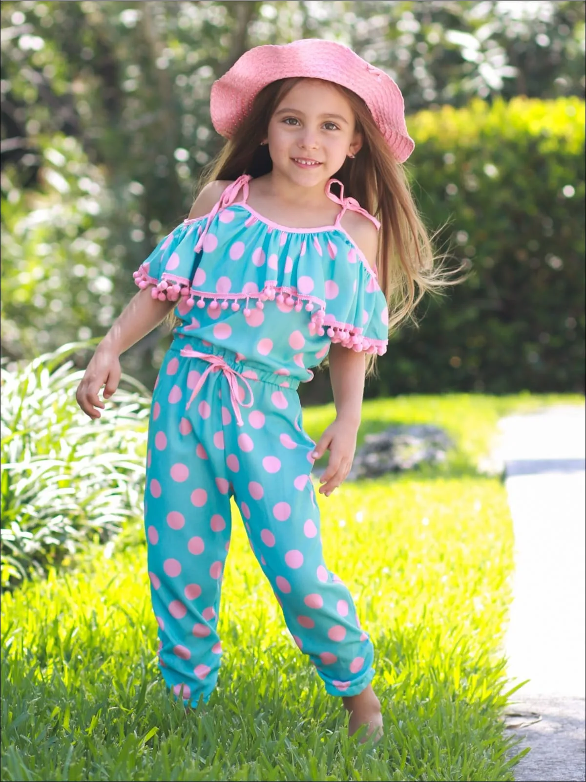 Girls Blue And Pink Polka Dot Off the Shoulder Tassel Ruffle Drawstring Jumpsuit