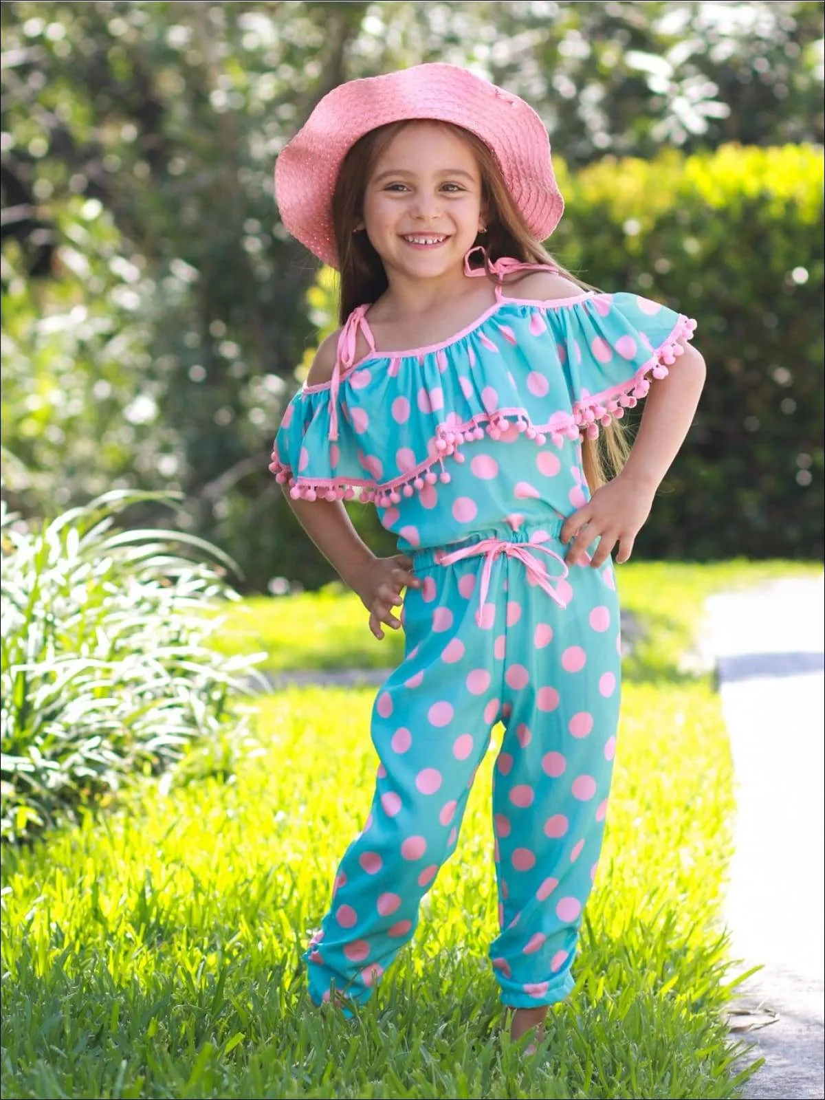 Girls Blue And Pink Polka Dot Off the Shoulder Tassel Ruffle Drawstring Jumpsuit