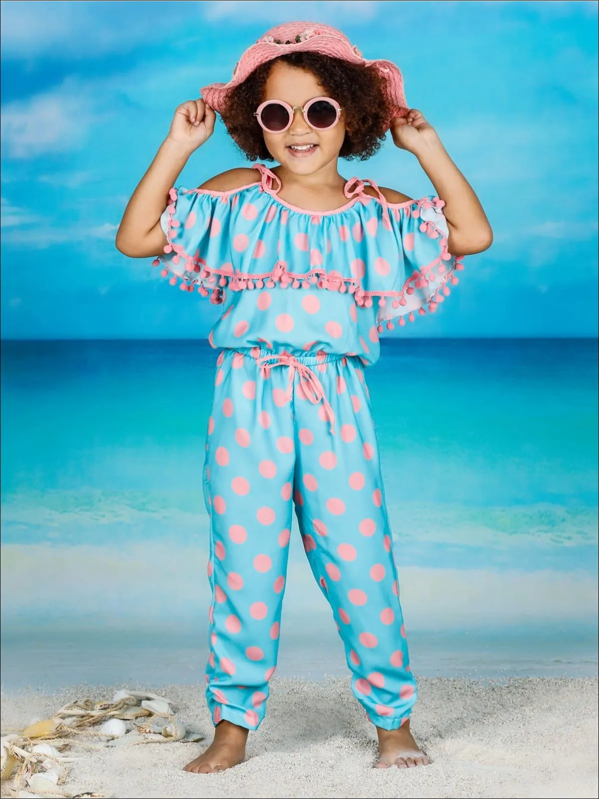 Girls Blue And Pink Polka Dot Off the Shoulder Tassel Ruffle Drawstring Jumpsuit