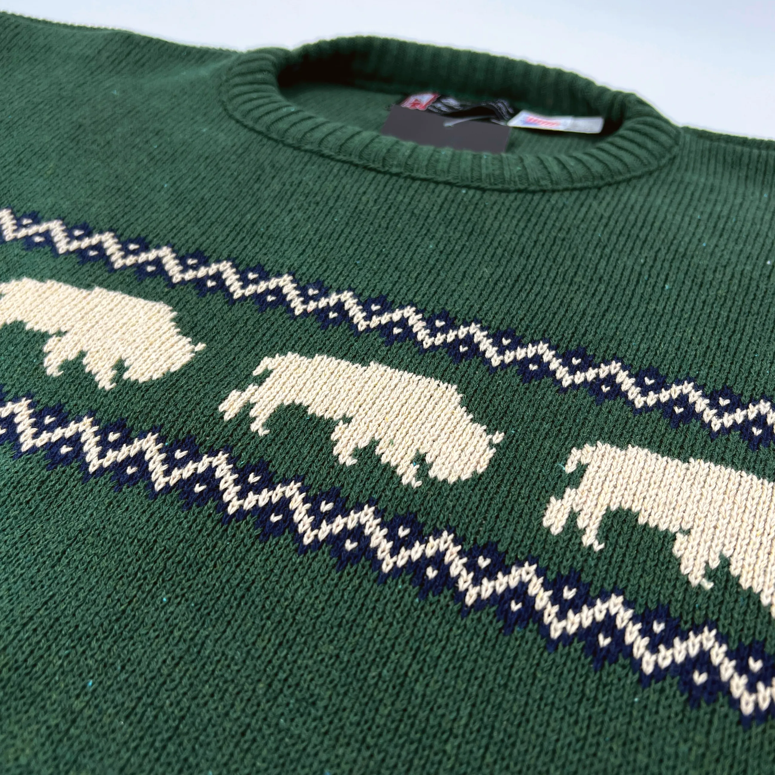 Green Heavy Knit Pullover Sweater With Buffaloes & Navy Pattern