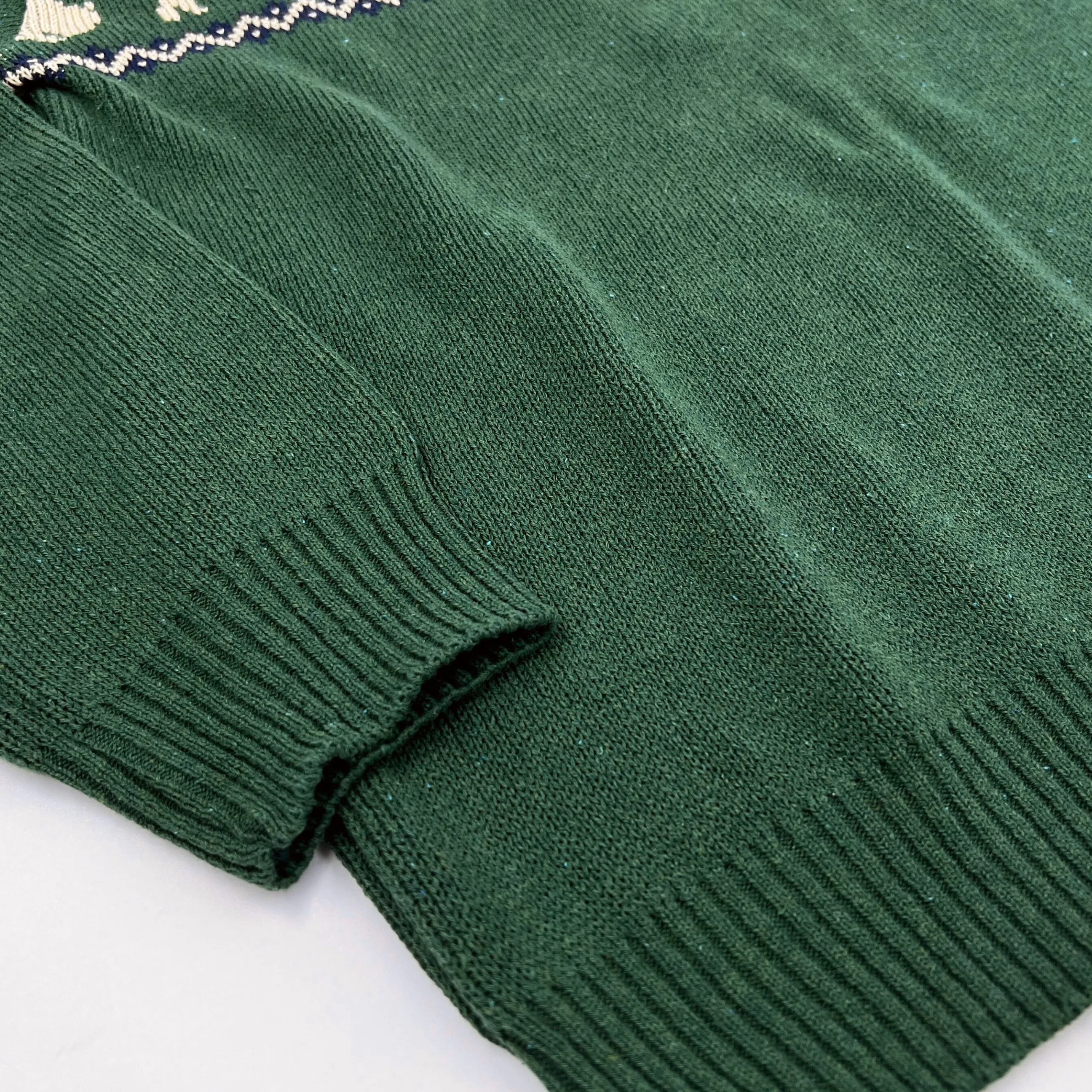 Green Heavy Knit Pullover Sweater With Buffaloes & Navy Pattern