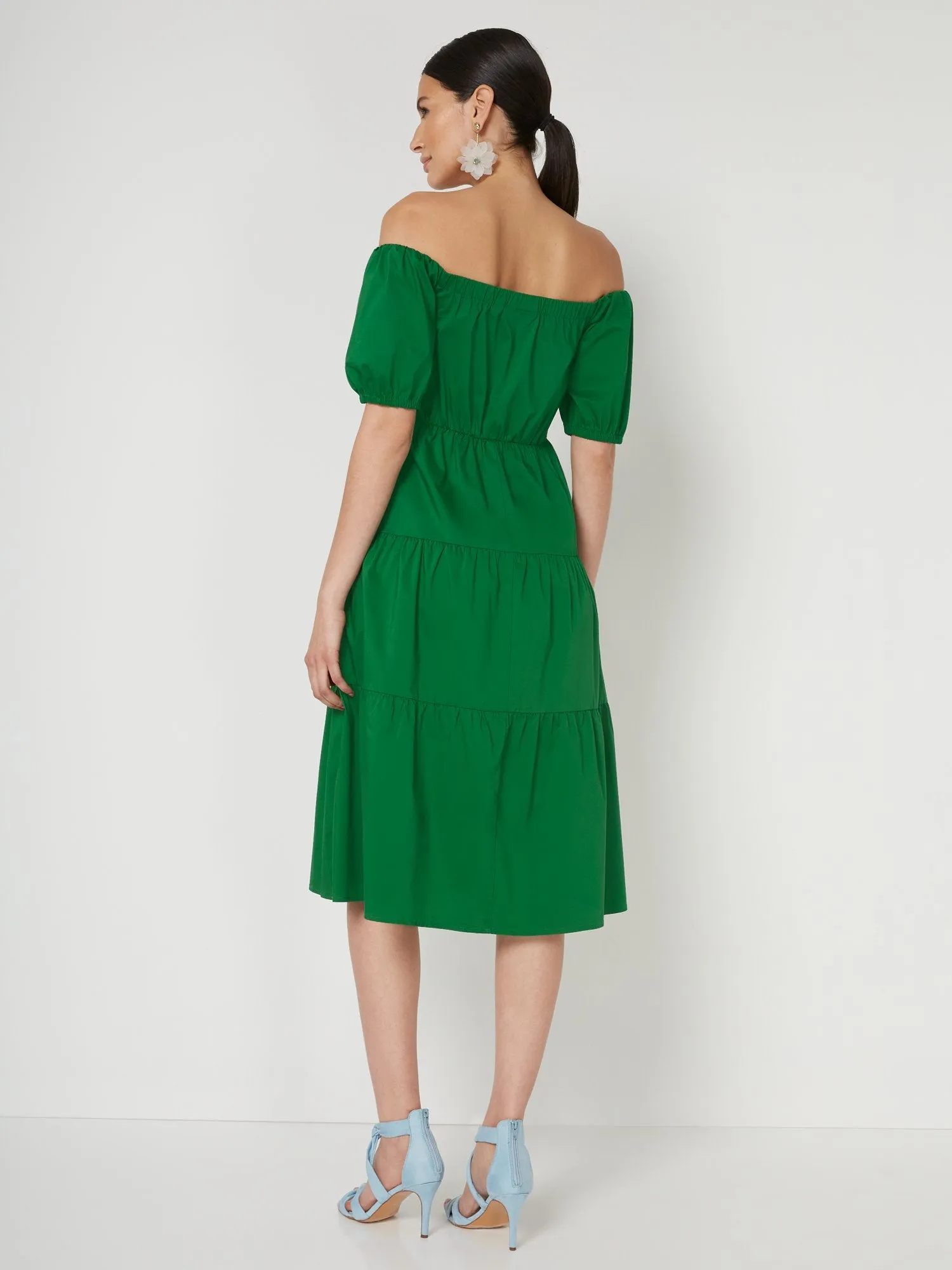 Green Tiered Poplin Off-The-Shoulder Midi Dress