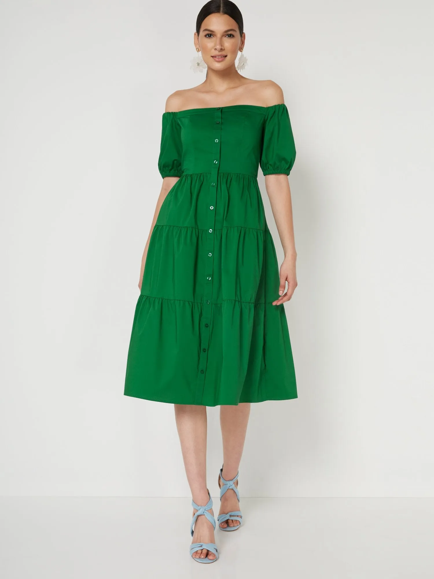 Green Tiered Poplin Off-The-Shoulder Midi Dress