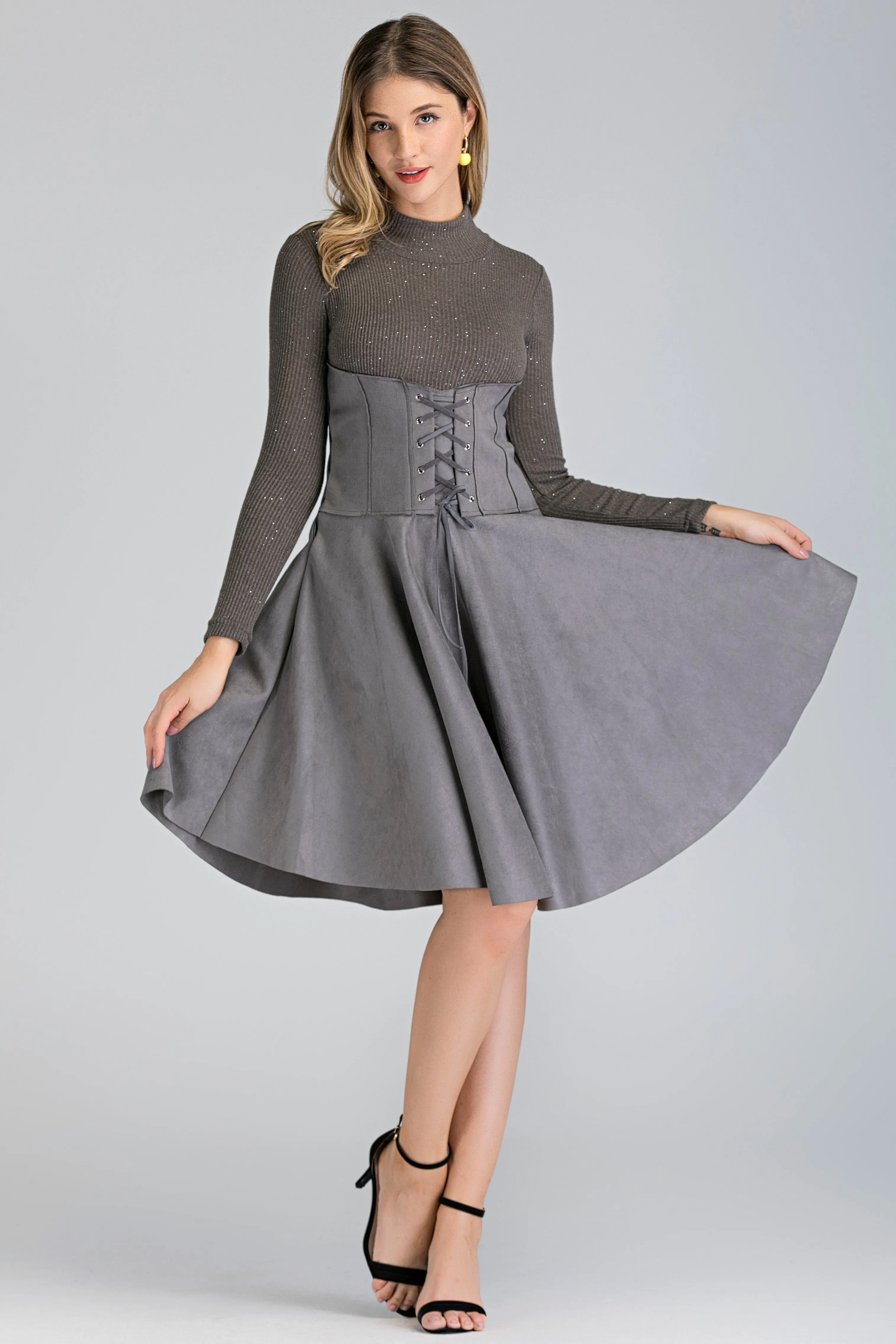 Grey Long Sleeved Suede Corset Waist Skirt Midi Dress