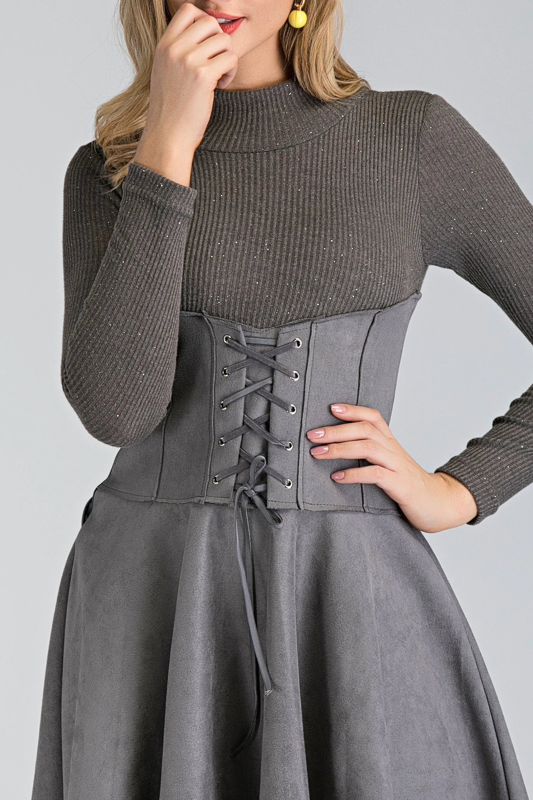 Grey Long Sleeved Suede Corset Waist Skirt Midi Dress