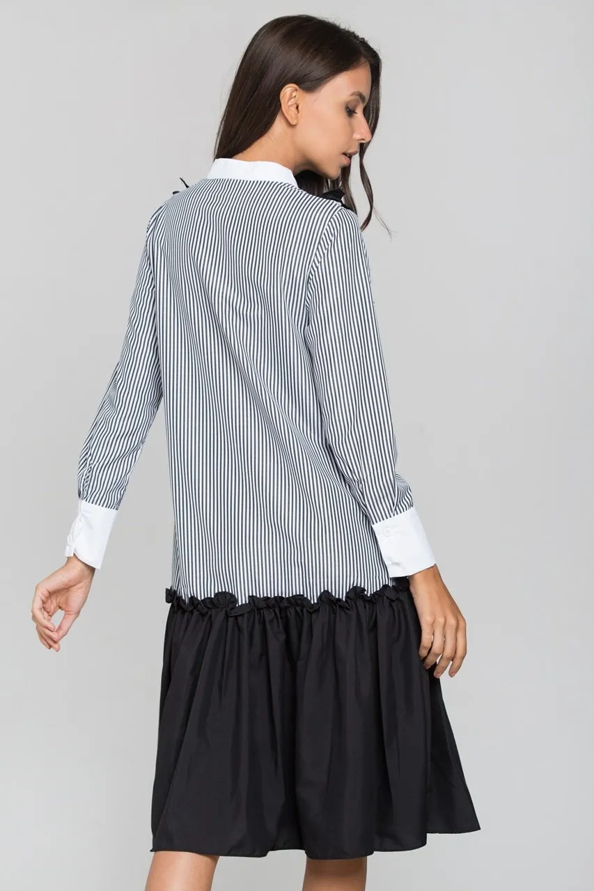 Grey Stripe Flounced Panel Skirt Midi Dress