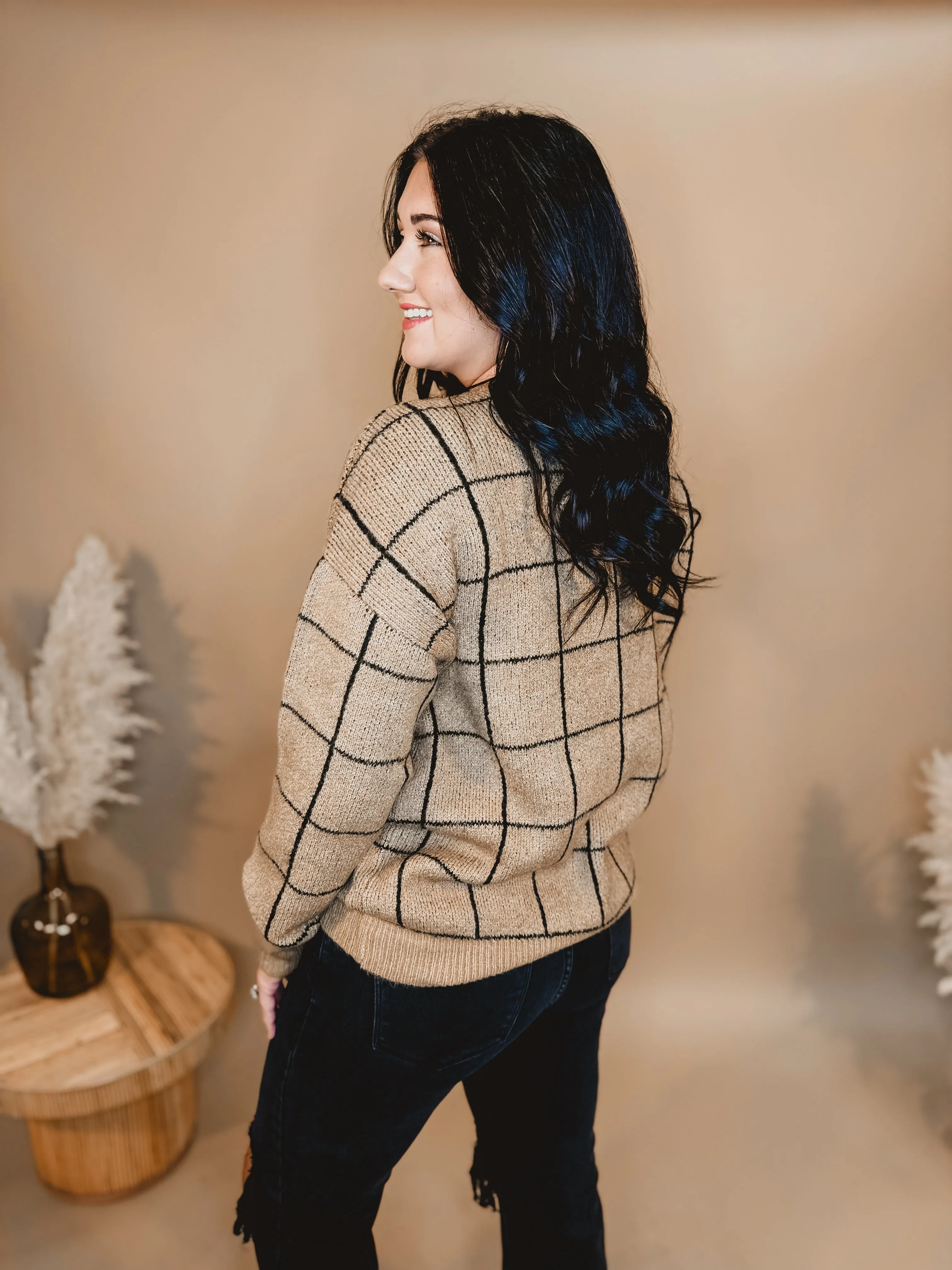 Grid Print Long Sleeve Sweater - Khaki/Black